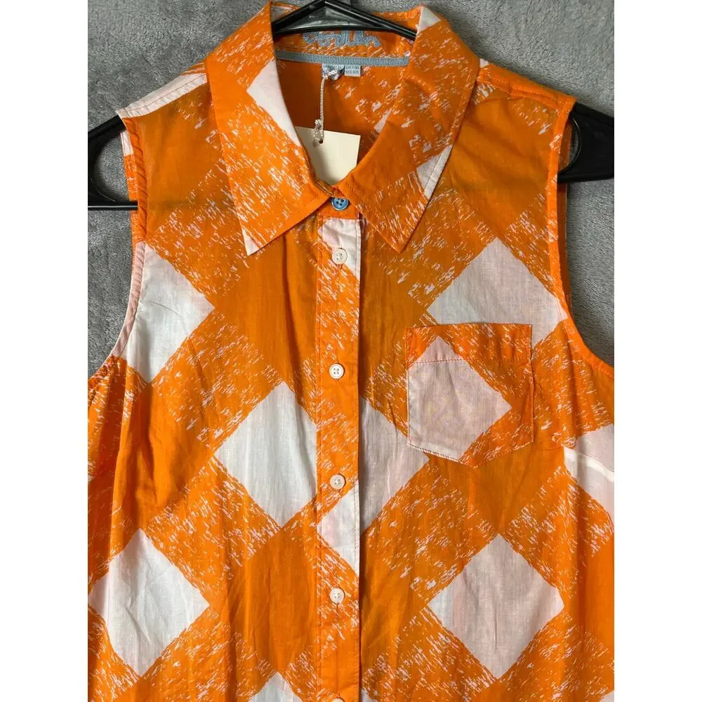 Boden Jaffa Painted Check Sleeveless Button Front Shirt Orange White Size‎ 6 New